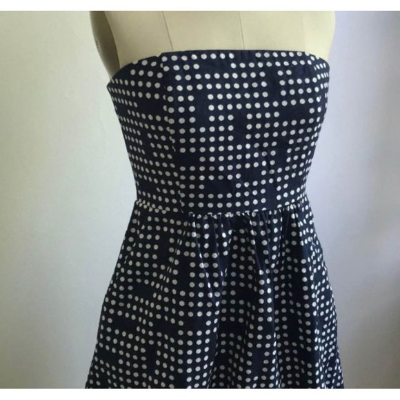 GAP Strapless Lined‎ Cotton/Linen Navy Blue & White Polka Dot Mini Dress Size 0 - Picture 3 of 9